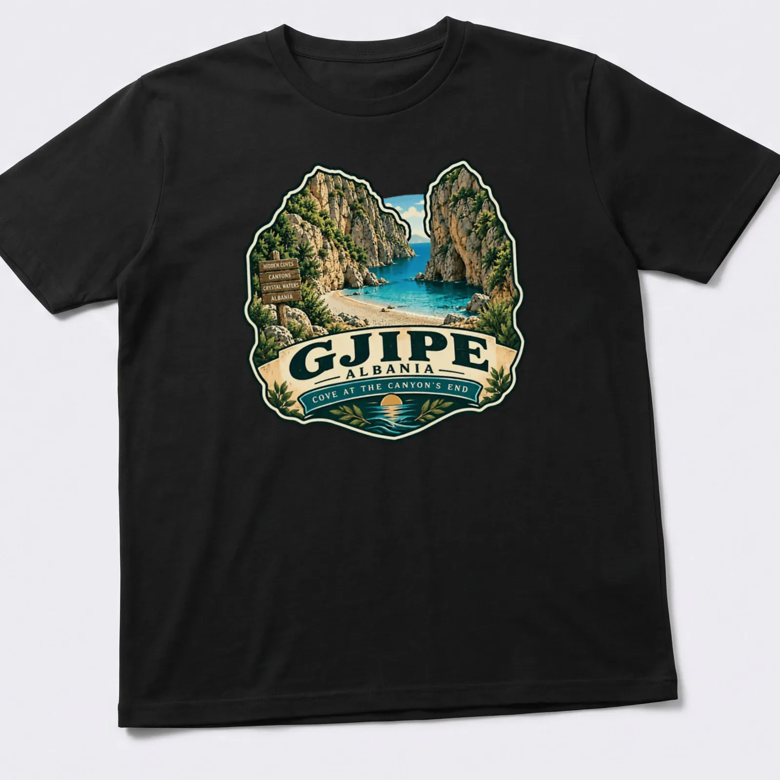 Vintage travel design depicting Gjipe Cove in Albania with a retro feel — printed on a unisex t-shirt