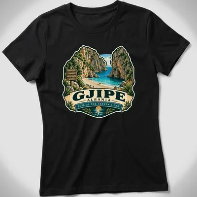 Vintage travel design depicting Gjipe Cove in Albania with a retro feel — printed on a women's shirt