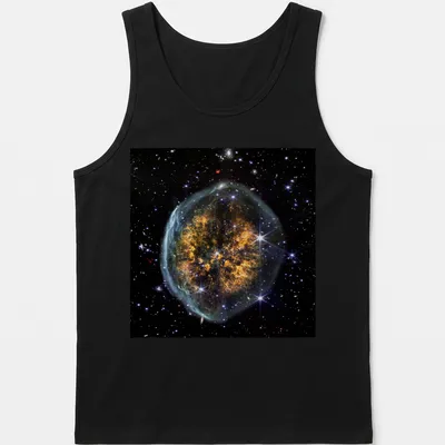 Cranium Nebula artwork in black, orange, blue, and white on a cosmic-themed — printed on a tank top