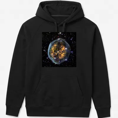 Cranium Nebula artwork in black, orange, blue, and white on a cosmic-themed — printed on a unisex hoodie