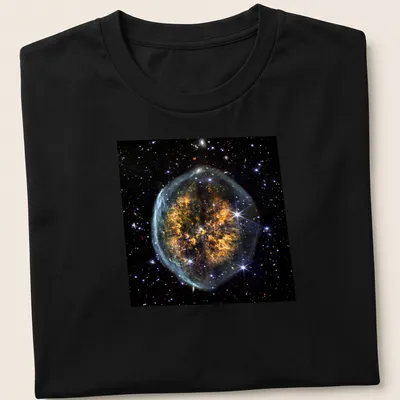 Cranium Nebula artwork in black, orange, blue, and white on a cosmic-themed t-shirt