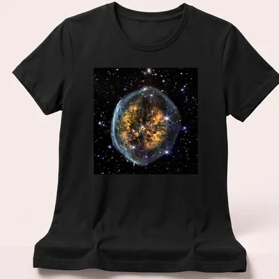 Cranium Nebula artwork in black, orange, blue, and white on a cosmic-themed — printed on a women's shirt