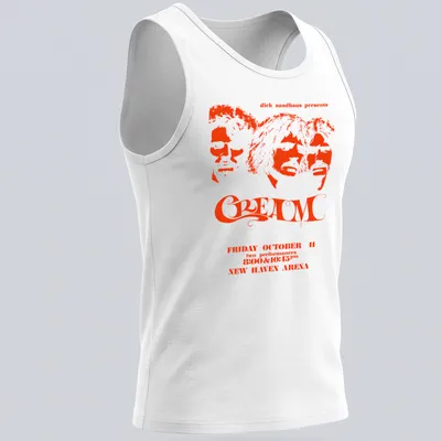 Vintage concert poster style t-shirt featuring Cream band members and event details — printed on a tank top
