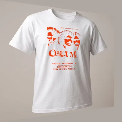 Vintage concert poster style t-shirt featuring Cream band members and event details — printed on a unisex t-shirt (angled view)