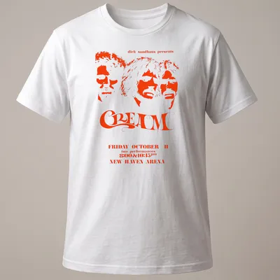 Vintage concert poster style t-shirt featuring Cream band members and event details — printed on a unisex t-shirt