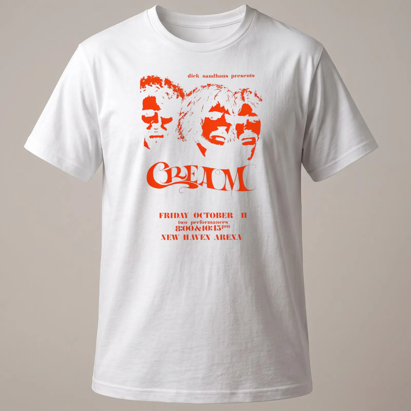 Vintage concert poster style t-shirt featuring Cream band members and event details — printed on a unisex t-shirt