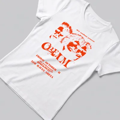 Vintage concert poster style t-shirt featuring Cream band members and event details — printed on a women's shirt