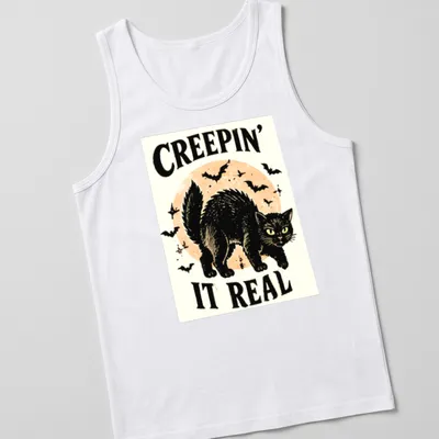 Vintage illustration of a playful black cat with Halloween text — printed on a tank top