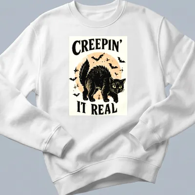 Vintage illustration of a playful black cat with Halloween text — printed on a unisex sweatshirt