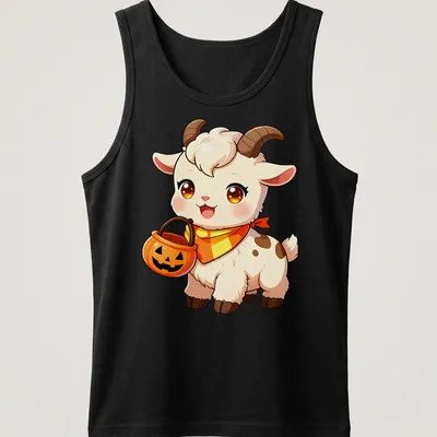 Kawaii baby goat with candy corn bandana in white, orange, brown, and yellow — printed on a tank top