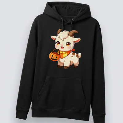 Kawaii baby goat with candy corn bandana in white, orange, brown, and yellow — printed on a unisex hoodie