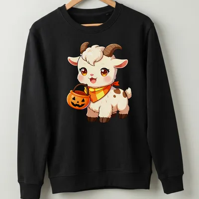 Kawaii baby goat with candy corn bandana in white, orange, brown, and yellow — printed on a unisex sweatshirt