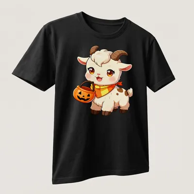 Kawaii baby goat with candy corn bandana in white, orange, brown, and yellow — printed on a unisex t-shirt (angled view)