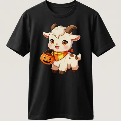 Kawaii baby goat with candy corn bandana in white, orange, brown, and yellow