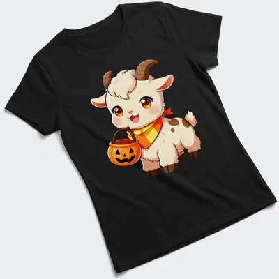 Kawaii baby goat with candy corn bandana in white, orange, brown, and yellow — printed on a women's shirt