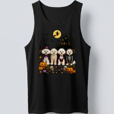 Illustration of Bichon Frise dogs in Halloween costumes with festive colors — printed on a tank top