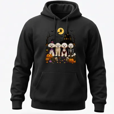 Illustration of Bichon Frise dogs in Halloween costumes with festive colors — printed on a unisex hoodie