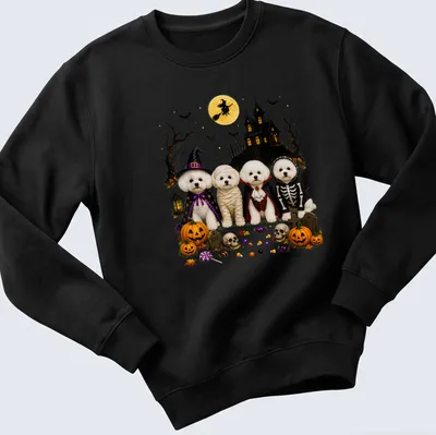 Illustration of Bichon Frise dogs in Halloween costumes with festive colors — printed on a unisex sweatshirt