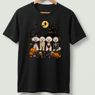 Illustration of Bichon Frise dogs in Halloween costumes with festive colors