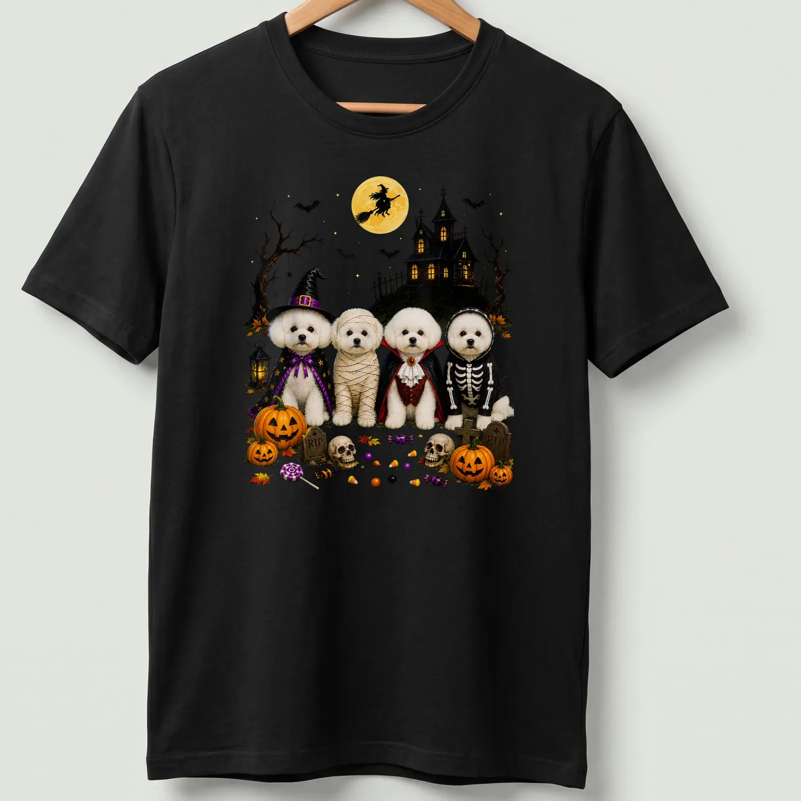 Illustration of Bichon Frise dogs in Halloween costumes with festive colors — printed on a unisex t-shirt
