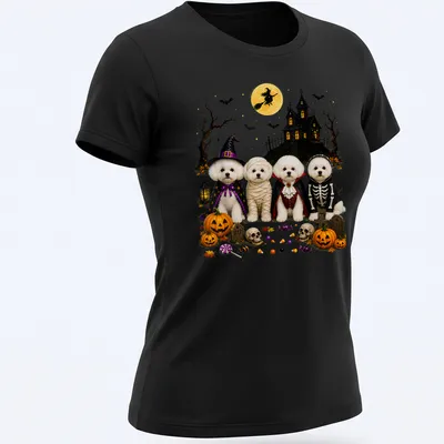 Illustration of Bichon Frise dogs in Halloween costumes with festive colors — printed on a women's shirt