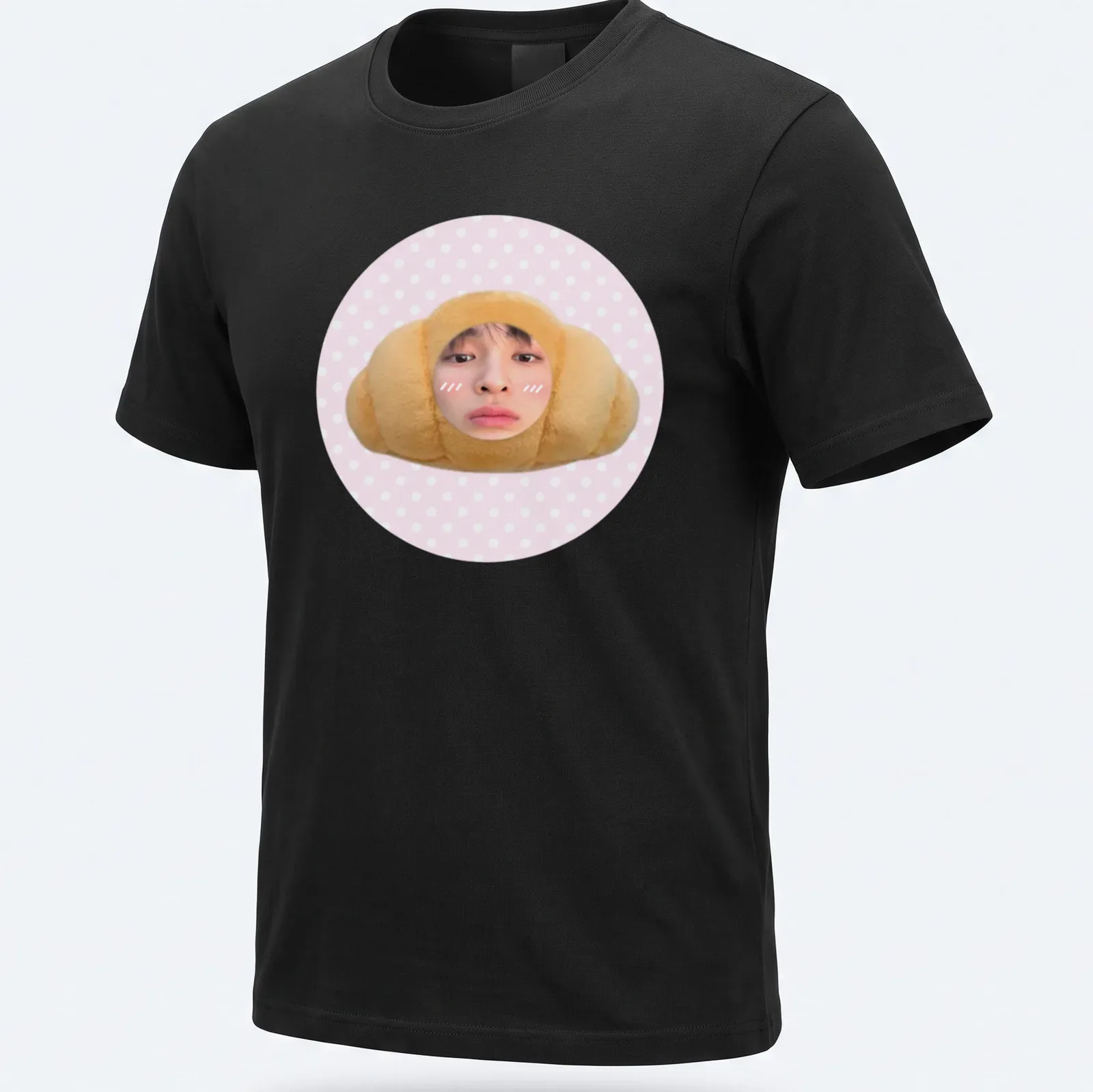 Kawaii cute croissant t-shirt featuring a smiling croissant character in pink and beige — printed on a unisex t-shirt