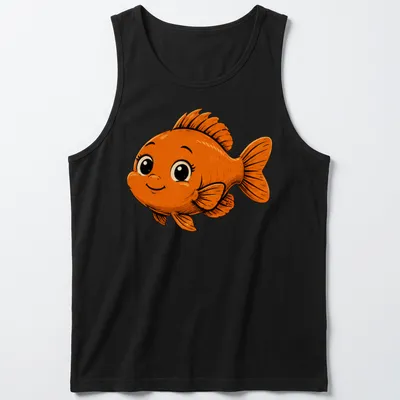 Kawaii style T-shirt featuring a cute Garibaldi fish in orange with bubbles. — printed on a tank top