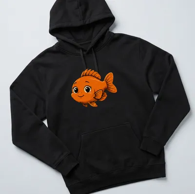 Kawaii style T-shirt featuring a cute Garibaldi fish in orange with bubbles. — printed on a unisex hoodie