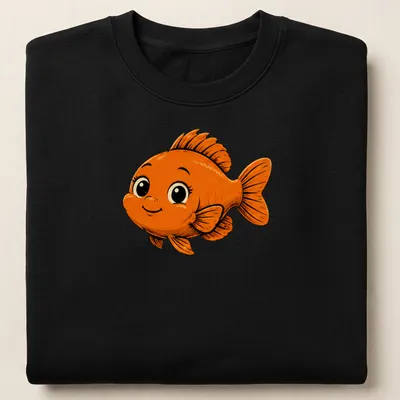 Kawaii style T-shirt featuring a cute Garibaldi fish in orange with bubbles. — printed on a unisex sweatshirt