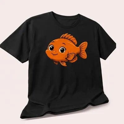 Kawaii style T-shirt featuring a cute Garibaldi fish in orange with bubbles. — printed on a unisex t-shirt (angled view)