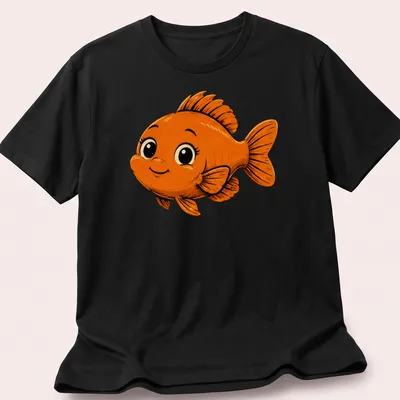 Kawaii style T-shirt featuring a cute Garibaldi fish in orange with bubbles. — printed on a unisex t-shirt