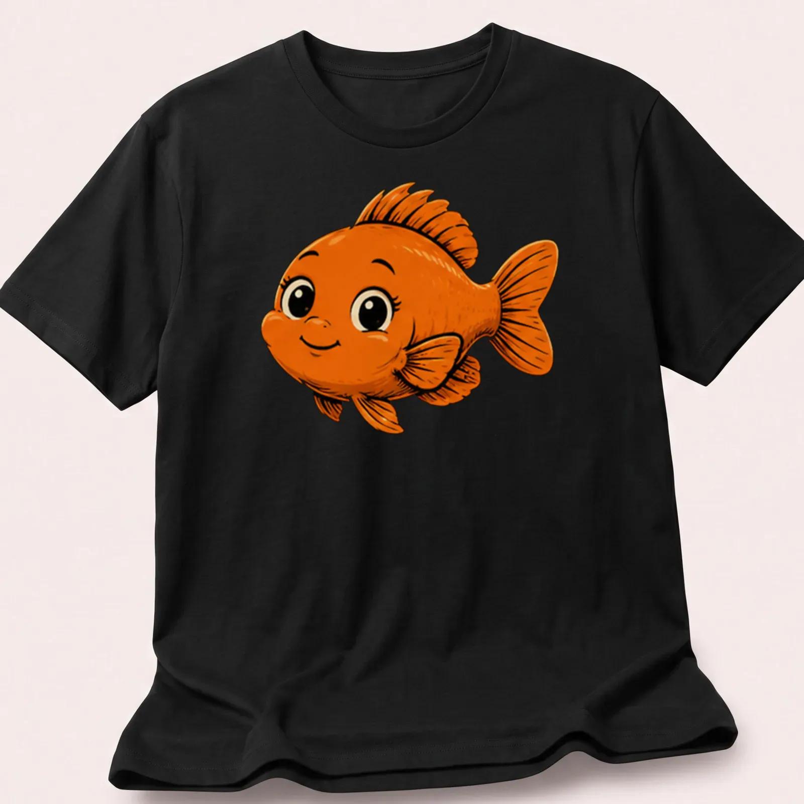 Kawaii style T-shirt featuring a cute Garibaldi fish in orange with bubbles. — printed on a unisex t-shirt