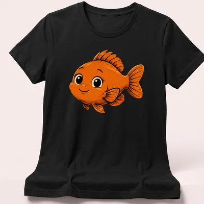 Kawaii style T-shirt featuring a cute Garibaldi fish in orange with bubbles. — printed on a women's shirt