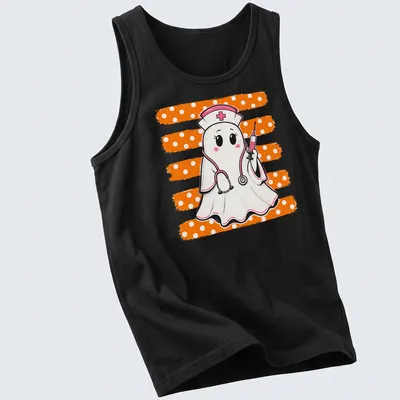 Kawaii ghost nurse holding a syringe, printed in pink, orange, white, and black — printed on a tank top