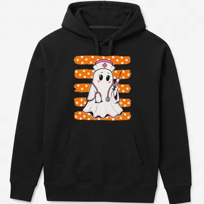 Kawaii ghost nurse holding a syringe, printed in pink, orange, white, and black — printed on a unisex hoodie