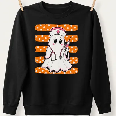 Kawaii ghost nurse holding a syringe, printed in pink, orange, white, and black — printed on a unisex sweatshirt