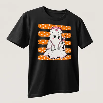 Kawaii ghost nurse holding a syringe, printed in pink, orange, white, and black — printed on a unisex t-shirt (angled view)