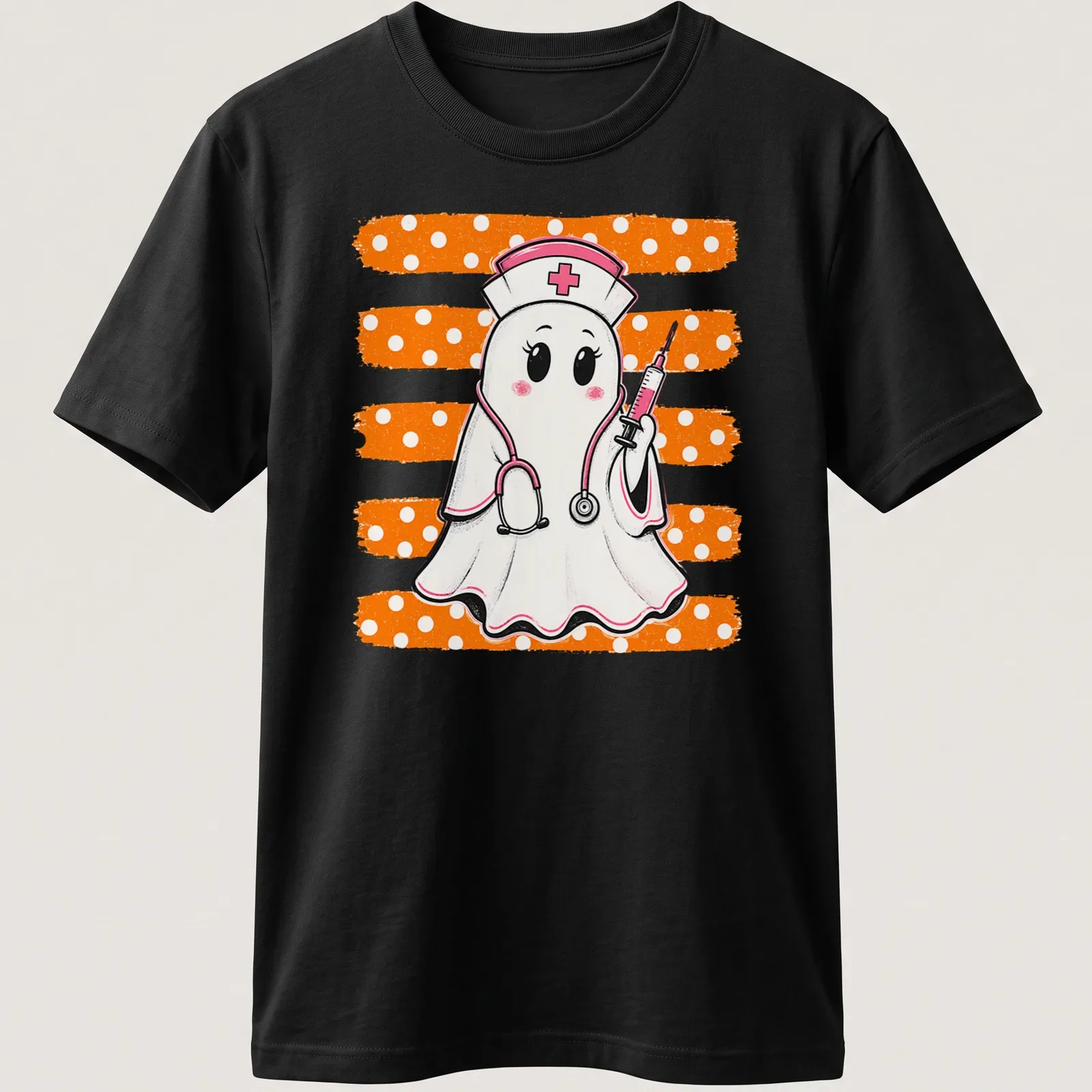 Kawaii ghost nurse holding a syringe, printed in pink, orange, white, and black — printed on a unisex t-shirt