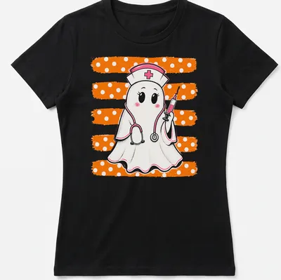 Kawaii ghost nurse holding a syringe, printed in pink, orange, white, and black — printed on a women's shirt