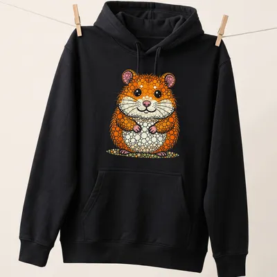 Illustration of a cute hamster designed in colorful dot art style — printed on a unisex hoodie