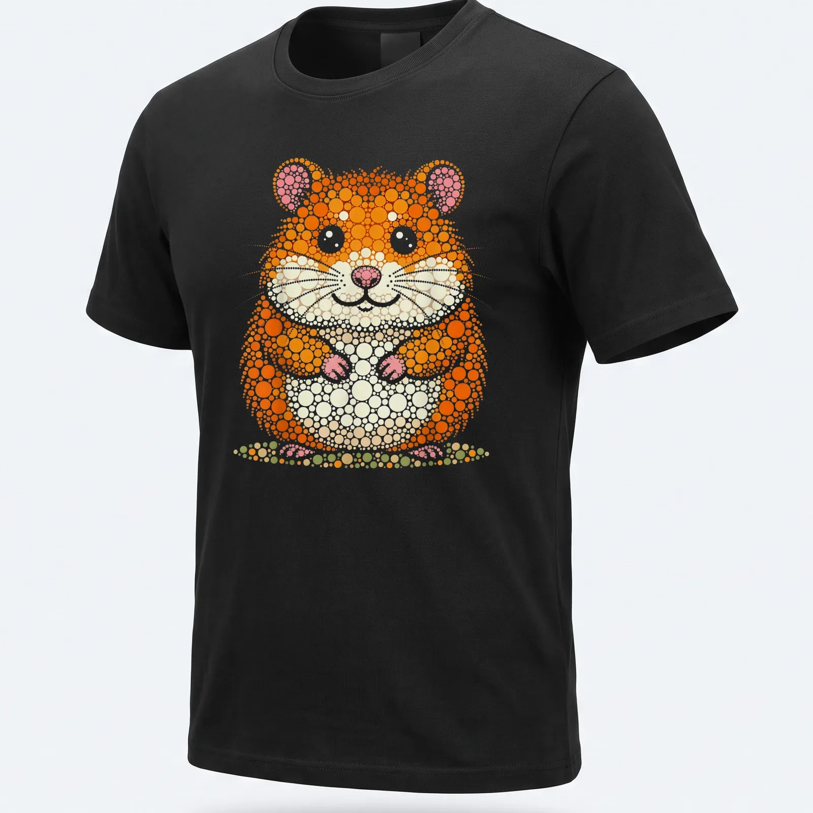 Illustration of a cute hamster designed in colorful dot art style — printed on a unisex t-shirt