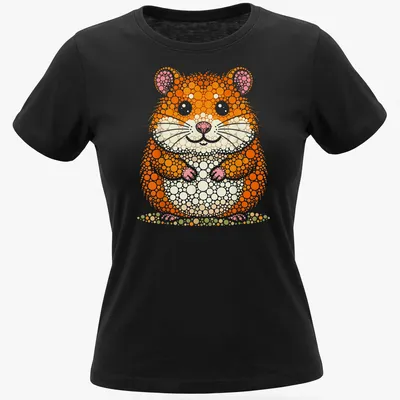 Illustration of a cute hamster designed in colorful dot art style — printed on a women's shirt