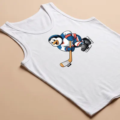 Kawaii t-shirt featuring a cute hockey penguin with a stick in blue, white, red, and black — printed on a tank top