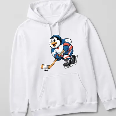 Kawaii t-shirt featuring a cute hockey penguin with a stick in blue, white, red, and black — printed on a unisex hoodie