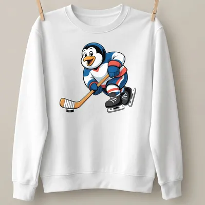 Kawaii t-shirt featuring a cute hockey penguin with a stick in blue, white, red, and black — printed on a unisex sweatshirt