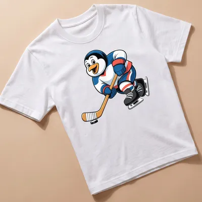 Kawaii t-shirt featuring a cute hockey penguin with a stick in blue, white, red, and black