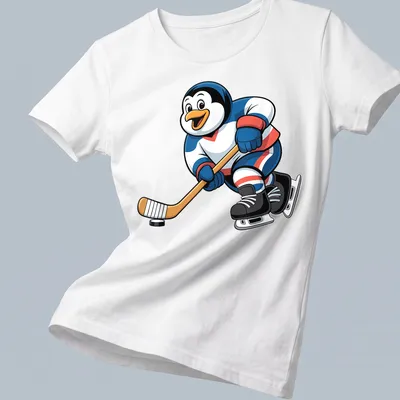 Kawaii t-shirt featuring a cute hockey penguin with a stick in blue, white, red, and black — printed on a women's shirt