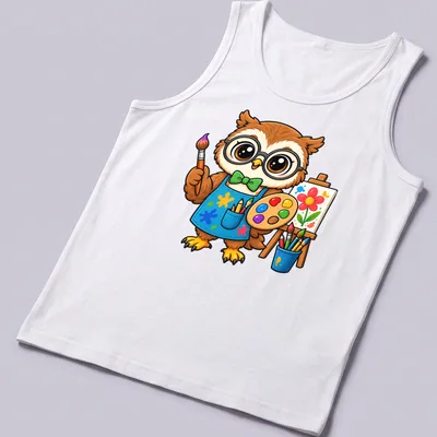 Kawaii owl holding a paint palette in cute cartoon style with bright colors — printed on a tank top