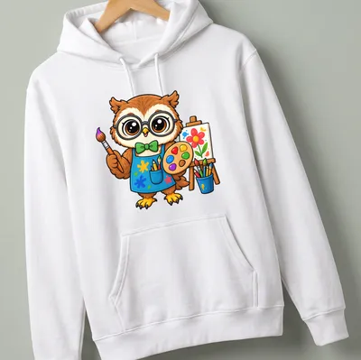 Kawaii owl holding a paint palette in cute cartoon style with bright colors — printed on a unisex hoodie