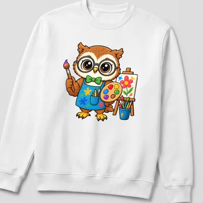 Kawaii owl holding a paint palette in cute cartoon style with bright colors — printed on a unisex sweatshirt